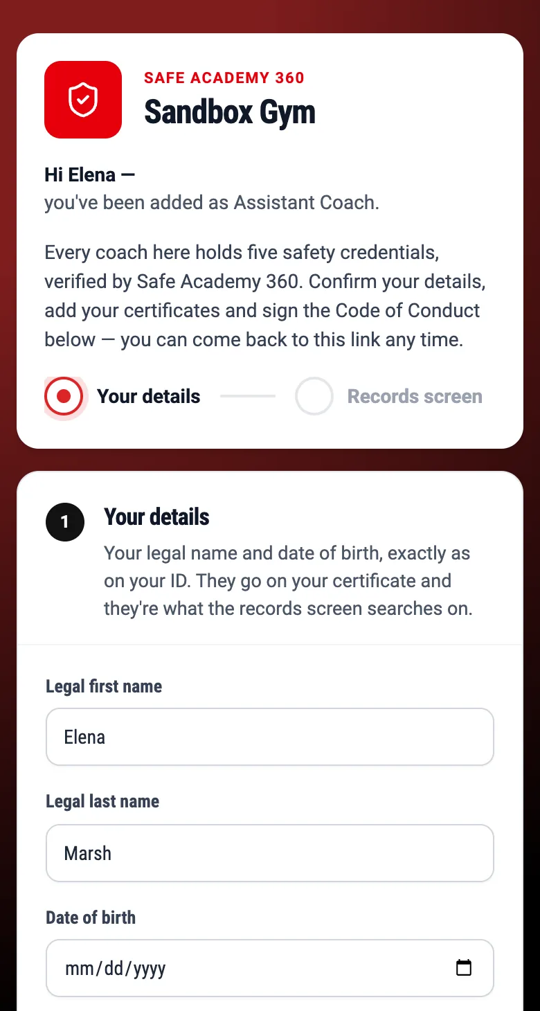 The coach intake on a phone: a welcome from the academy, a note that every coach completes five safety credentials, and the first step, confirming name and email.